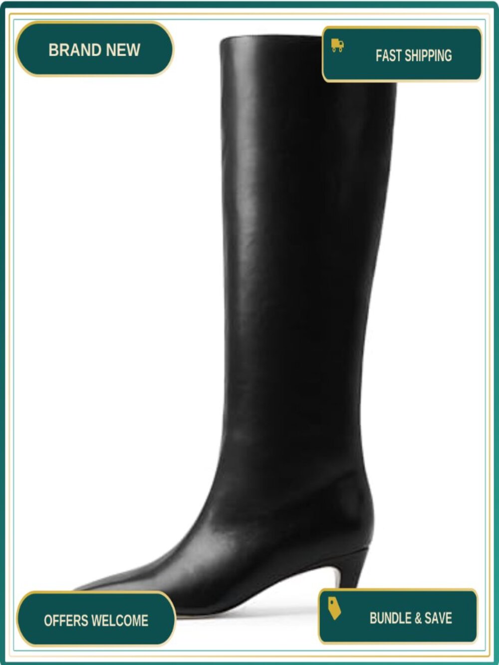 Faux Leather Kitten Heel Knee High Boots Square Toe Tall Boots